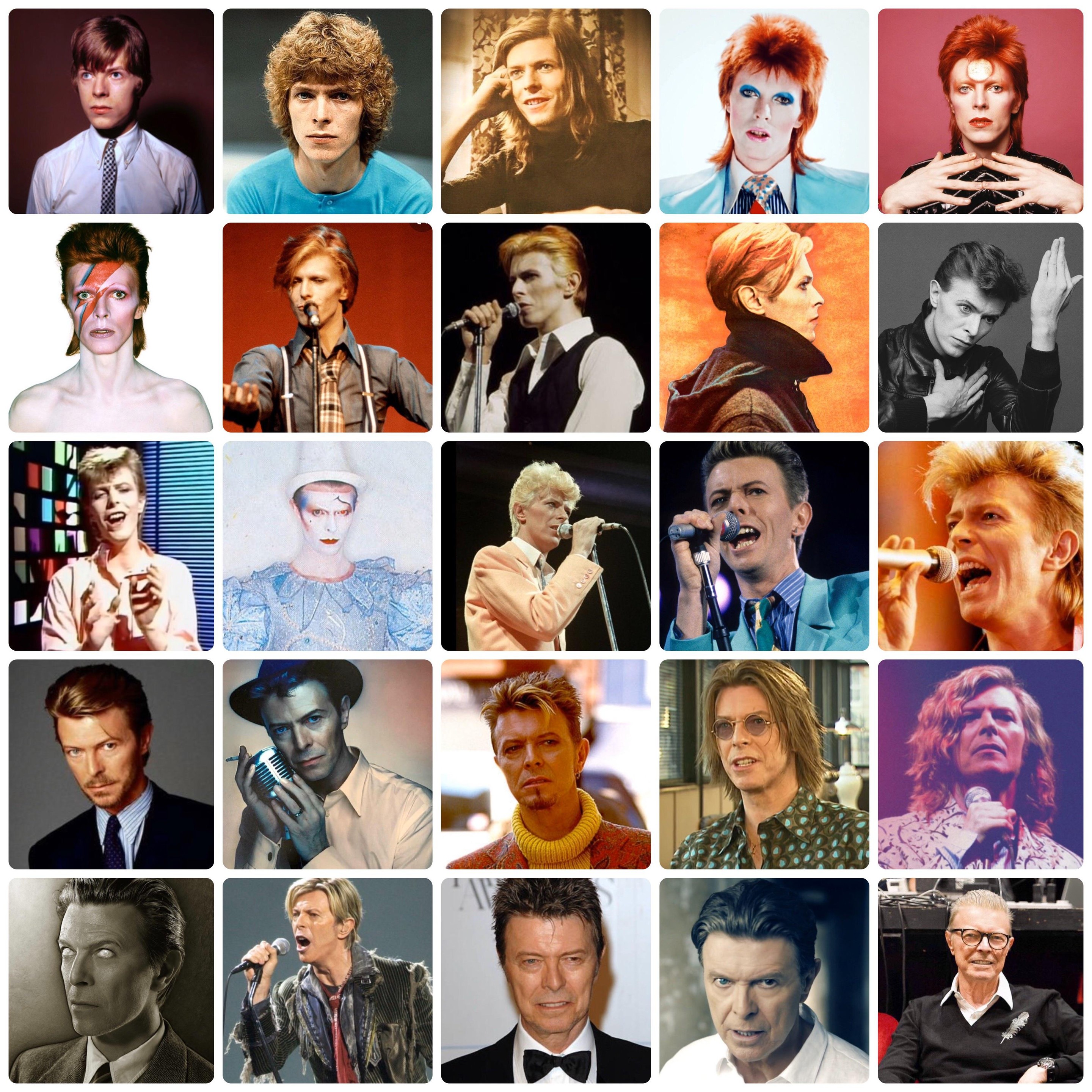An image featuring 25 photos of David Bowie all across his career