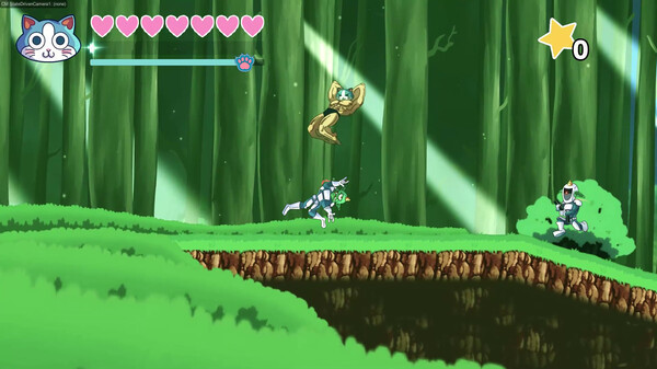 Green, in the forest, super muscle cat flies through the air at an enemy