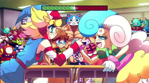 Super muscle cat standing behind two characters as they're arm wrestling