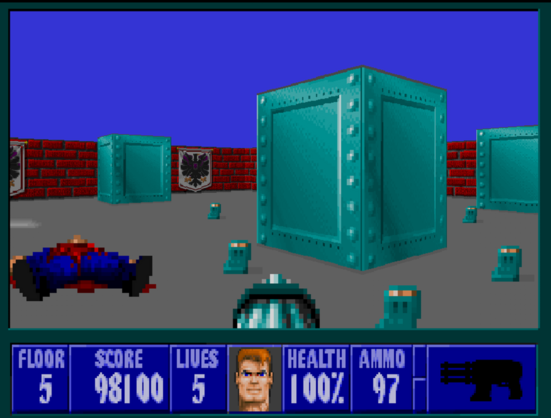A screenshot of Wolfenstein 3D with a dead Nazi (hooray) a bunch of ammo, etc. 