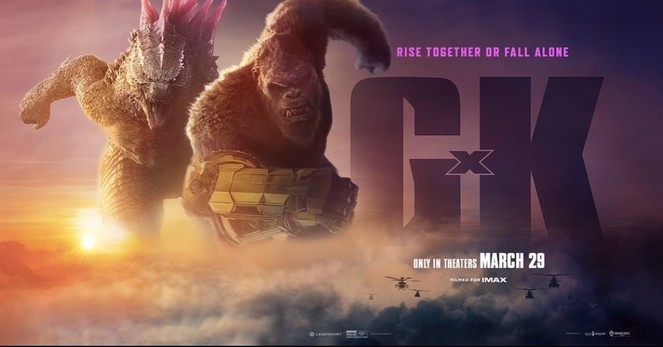 Godzilla X Kong poster. GodIlla and Kong are running together and it says "Rise together or fall alone" at the top, with G x K and only in theaters March 29! 