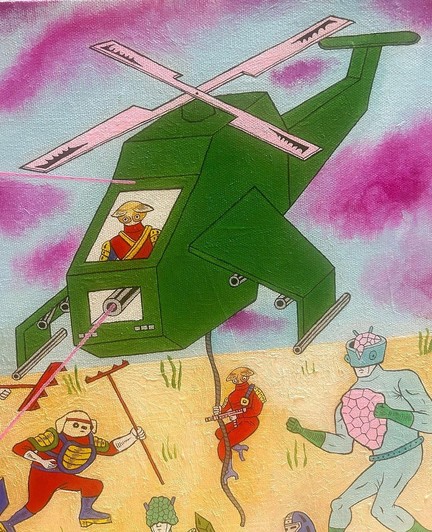 A painted scene with strange characters, maybe aliens, and a helicopter type craft