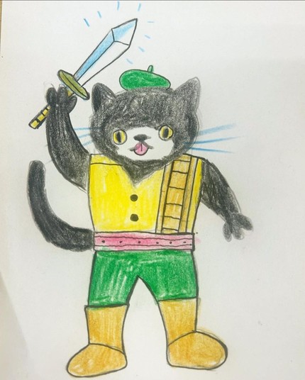 Art in color of an anthropomorphic warrior cat with a sword