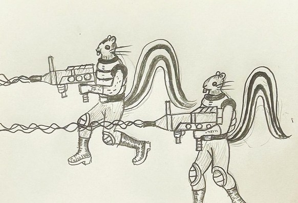 Black and white drawing of anthropomorphic squirrels in space suits with ray guns