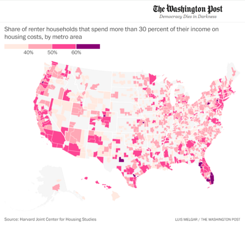 Florida, Boston, PDX, Seattle, Houston, Long Island, Southern California and most of NJ are amongst highest concentration of places where renting households spend more than 50 percent of their income on housing costs. US Map is shaded by metro area  Source: Harvard Joint Center for Housing Studies Graphic by LUIS MELGAR / THE WASHINGTON POST 