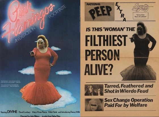Pink Flamingos movie poster with Divine in the red dress pointing a gun at you on it. And next to it is the National Peep with Divine on it as well. 