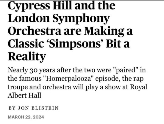 Article headline saying how Cypress Hill and the London Symphony Orchestra are playing a show at Royal Albert Hall