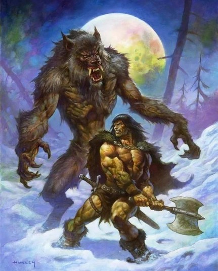 A beautiful piece by Alex Horley - Conan the barbarian is swinging his axe back to swing it towards a huge werewolf coming at him in the snowy wilderness under a full moon 🌕