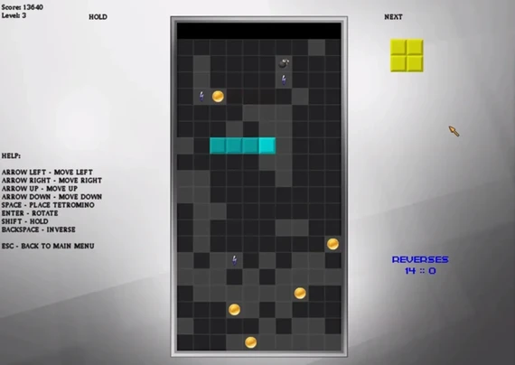 A screenshot of Tetris Reversed - the pieces are fitting into pre-formed areas on the screen. One 4-block long blue piece in the center, the rest of the board black, gray and yellow powerups, etc