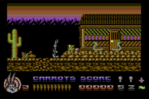 A still from unreleased (but later released) C64 game Bugs Bunny: Private Eye. The still shows Bugs standing in a town. It's a sidescrolling platformer. 