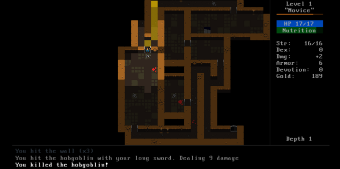 A screenshot of GodoRogue being played in browser via Itch. It was made in HTML5. Traditional style roguelike, not ASCII, but tiny sprites, like Dungeon Crawl Stone Soup style.