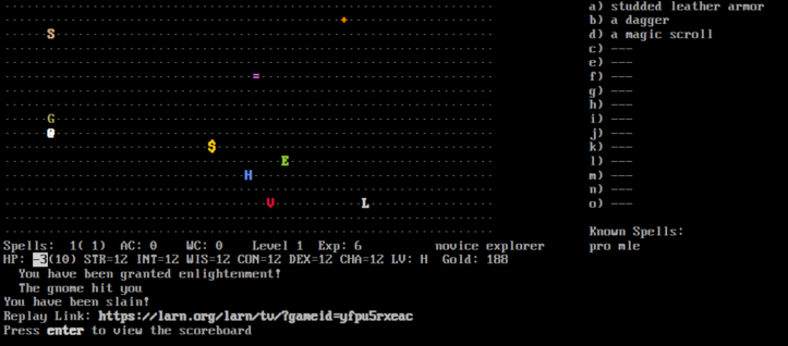 A screenshot of the ASCII traditional roguelike Larn where I just got granted enlightenment and then a gnome hits and instantly killed me.