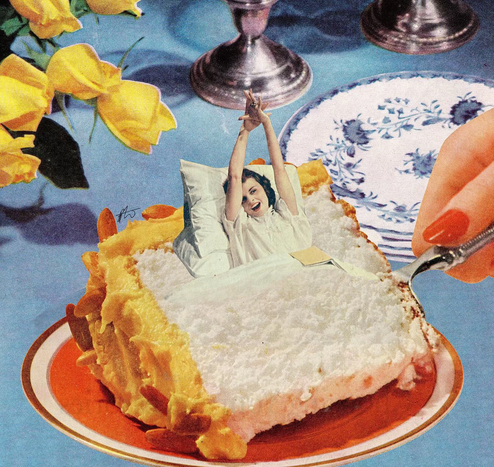 A piece of surreal collage art by Bev Acton with a lady waking up in a piece of cake on a table. Someone is cutting up the cake. The cake is like a bed. 