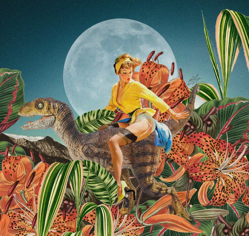 A piece of surreal collage art by Bev Acton with a lady riding a dinosaur running through flowers