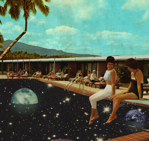 A piece of surreal collage art by Bev Acton with vintage art of women sitting on the edge of a pool at a hotel but the pool water is a galaxy