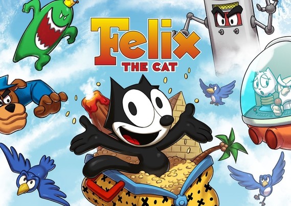 The cover and logo for Felix the Cat HD collection for Switch. Felix coming out of his magic bag and some of the games' enemies and Felix' girlfriend you're trying to save. 