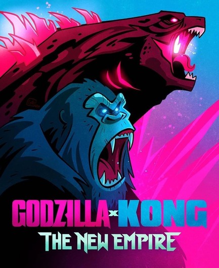 Art for Godzilla x Kong The New Empire - pink Godzilla above, Kong below, both roaring in a illustrated comic art kind of style on a gradient blue purple pink background. Logo says Godzilla x Kong The New Empire. 