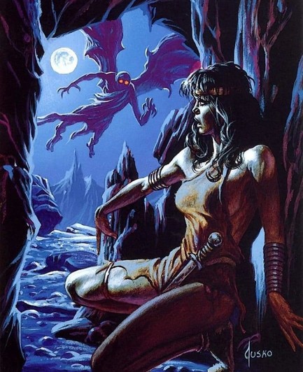 A piece by Joe Jusko. A female warrior is in a cave, and a large dark winged figure with red eyes is flying outside the cave. 