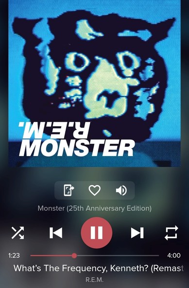 Screengrab of Pi audio player playing 'What's the Frequency, Kenneth' from the 25th anniversary remaster version of REM's 'Monster'. Blue monster from the front cover, etc. 