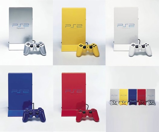 All 5 colors individually of the Sony Automobile Color Collection they released in 2001 to commemorate the sale of the 20 millionth PS2 console sold worldwide. Silver, yellow, white, blue, and red, and then all 5 together. Each has a matching controller. 