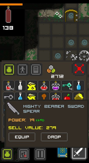Screen shot of Pocket Rogue, the players inventory. A Mighty Beamer Sword Spear is highlighted. 