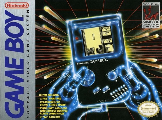 The box for the original Game Boy DMG with the logo and a futuristic image of hands playing one