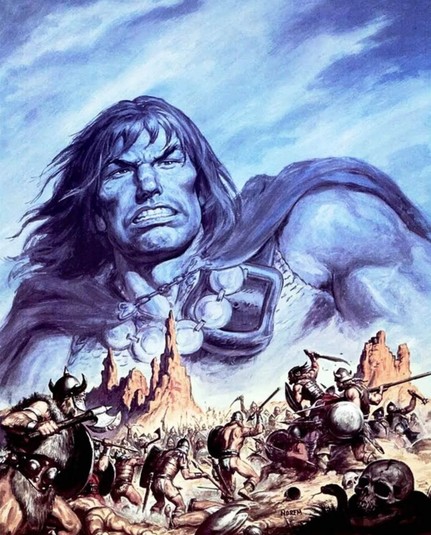 A large bluish image of Conan the barbarian superimposed in the sky over a scene of guys fighting monsters in a mountainous landscape