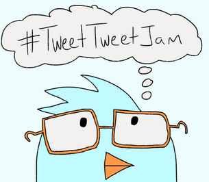 Art of a blue bird with glasses and a thought bubble above him that says "#TweetTweetJam"