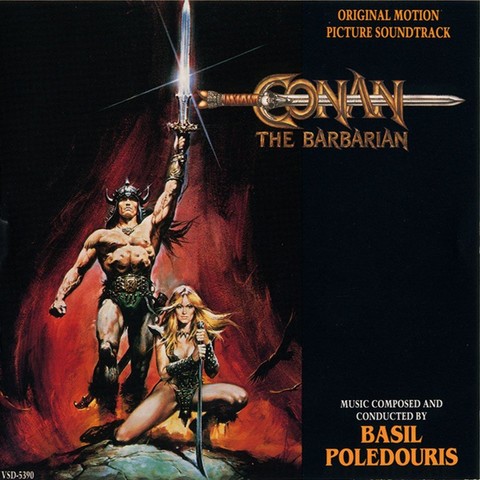 The cover art for the soundtrack for the 1982 Conan the Barbarian film, the classic art from the poster. Conan is standing with a helmet and his sword stretched to the sky, and Valeria kneeling with her sword point to the ground on the rock in front of him. An epic piece by Renato Casaro.