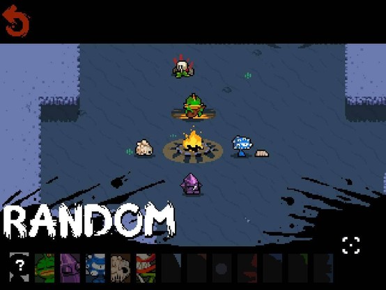 4 Nuclear Throne characters sitting around a fire on the character section screen. You can also do random. 