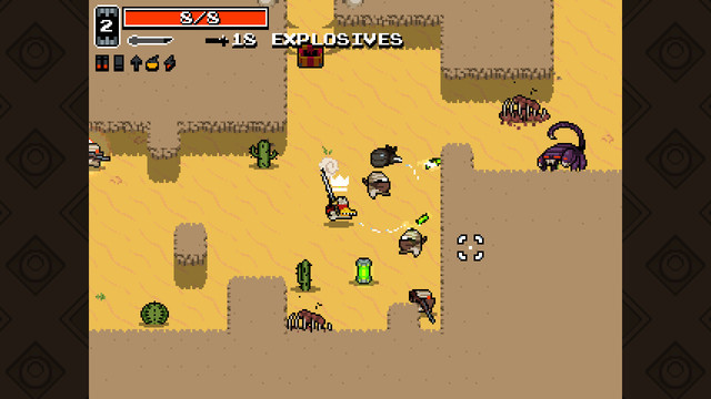 An early level of Nuclear Throne. Desert type terrain, the main character shooting at some enemies