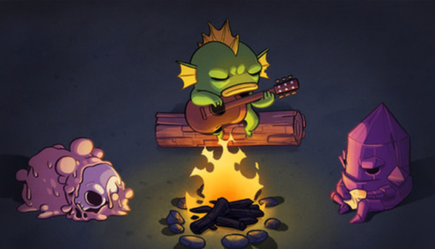 Artistic rendition of the characters sitting around the fire. Super cute monsters. 