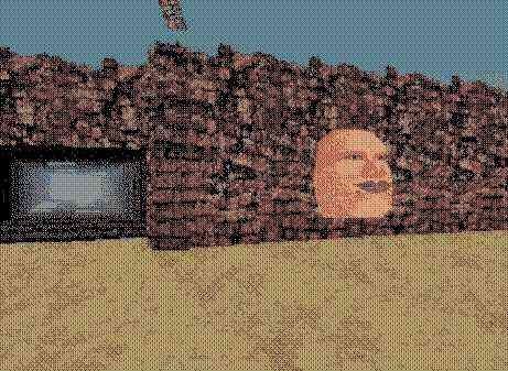 A still from LSD: Dream Emulator from 1998. A brick wall with an opening and also a face