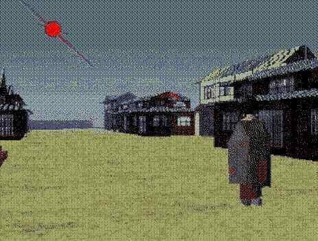 A still from LSD: Dream Emulator from 1998. A weird town with a figure
