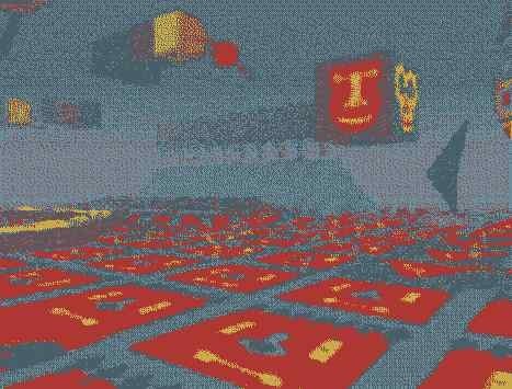 A still from LSD: Dream Emulator from 1998. Red and gray almost lava looking area with boxes in the air and faces on the ground