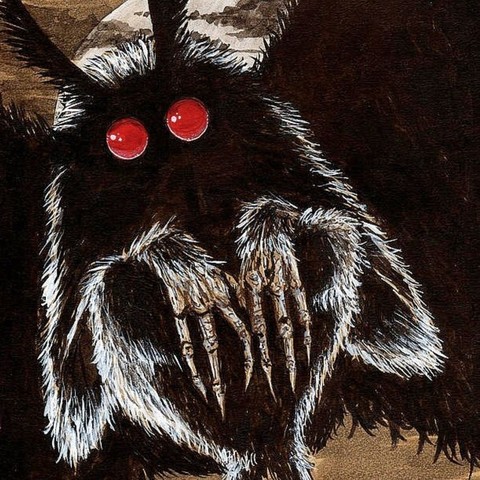 Piece of Mothman art by Jamie Snell - big red eyes, in front of the moon