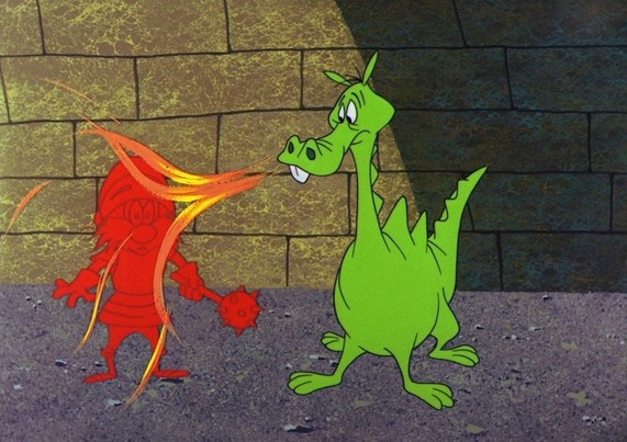 Yosemite Sam as a mace-wielding knight from Looney Tunes short Knightly Knight Bugs from 1958. Sam is completely red/orange from being burned by the green dragon's breath. The dragon is goofy and buck toothed. 