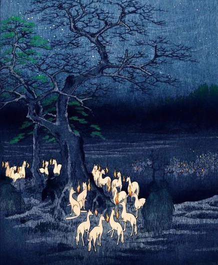 A group of white foxes meet at night in this 19th century painting, beneath a tree, with dark blue sky and landscape