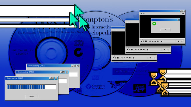 An illustrated piece with CD-ROMs, popups, hourglass icons, loading bars, cursors, etc. [Source images: oleksii arseniuk/Getty Images; Internet Archive]

