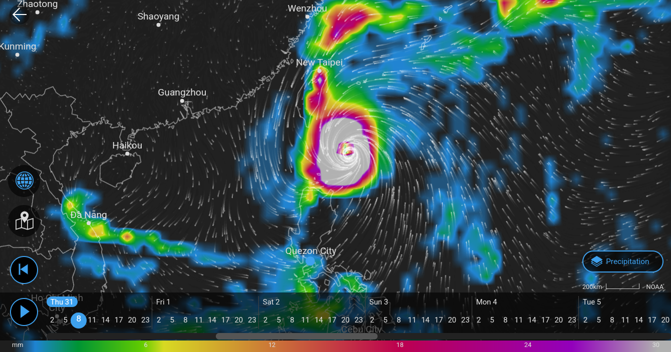 A screenshot of the NOAA weather prediction model showing storm Leon (international name: Kong-rey) developed into a typhoon. In this screenshot, the date is Thursday, October 31, 2024 8:00 am, and it's ravaging Batanes group of islands in Northern Philippines, and will directly hit Taiwan.  For this screenshot, it shows the precipitation. 