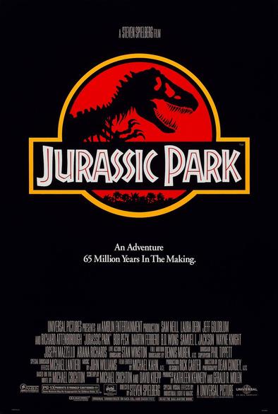 The Jurassic Park movie poster, black background with dinosaur logo in black, red and white