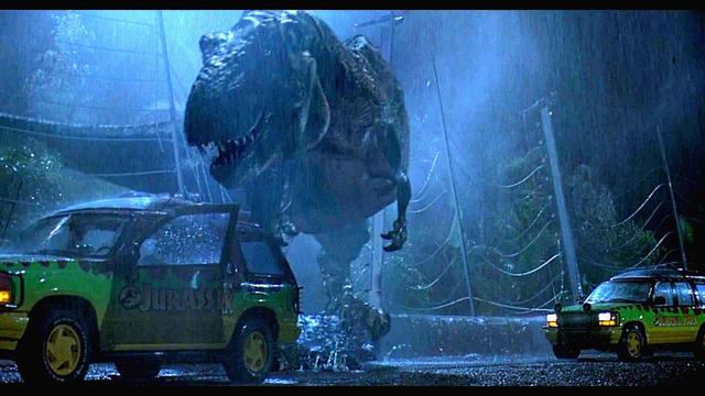 The T-Rex and jeeps in the rain