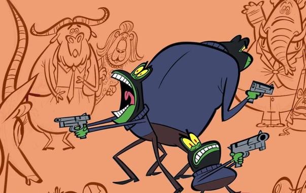 Promo shot for upcoming adult swim show in production 'Safari Heist' showing three cartoon frogs with masks and guns, in color, and one of them is yelling. They're in the center of a bunch of other confused, scared animals, all in brown tones.