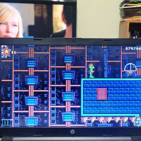 Cosmo's Cosmic Adventure on my HP laptop via Steam, I'm on level 7 and have a decent score of 874,700- stuck though. SVU on in the background