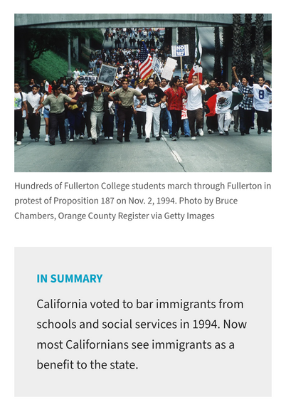 Picture of hundreds of Fullerton College students marching through Fullerton in protest of Proposition 187 on Nov. 2, 1994. Photo by Bruce Chambers, Orange County Register via Getty Images

California voted to bar immigrants from schools and social services in 1994. Now most Californians see immigrants as a benefit to the state. 