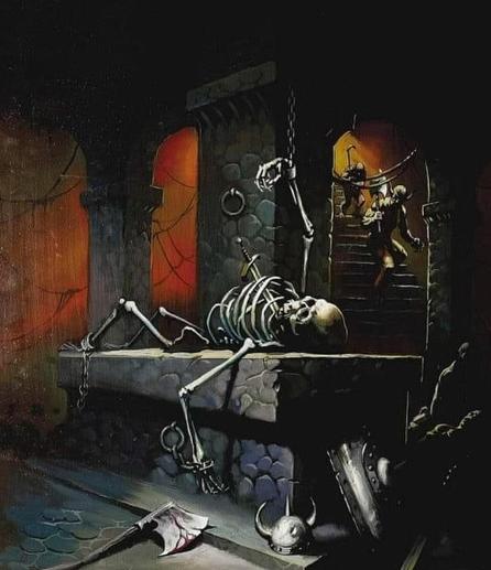A group of people coming down dungeon stairs, there's a human skeleton with a sword rammed through him on an altar and weapons everywhere