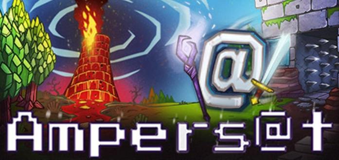 Ampersat title screen with logo, artistic ASCII character and background