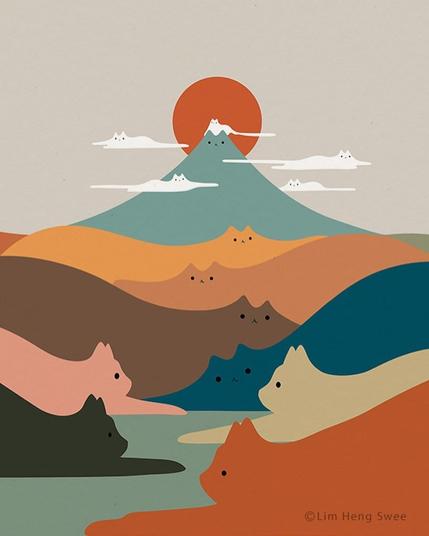 Art by Lim Heng Swee of a bunch of cats as hills and mountains up to the top of the mountain, which is also a cat, and the clouds are cats