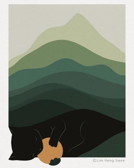 Art by Lim Heng Swee of a black cat in the foreground with its eyes closed, holding a ball, and it's laying in front of hills and mountains