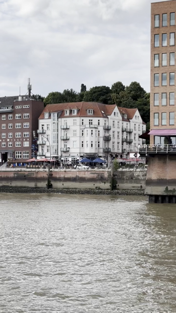 Das kurze Video zeigt das braune Wasser der Elbe und die Gebäude an Land. Eins ist aus dunkelroten Ziegeln mit der weißen Aufschrift Seemannsmission 